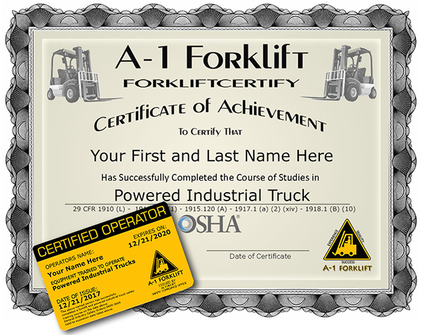 A-1 Forklift Certification Certificate
